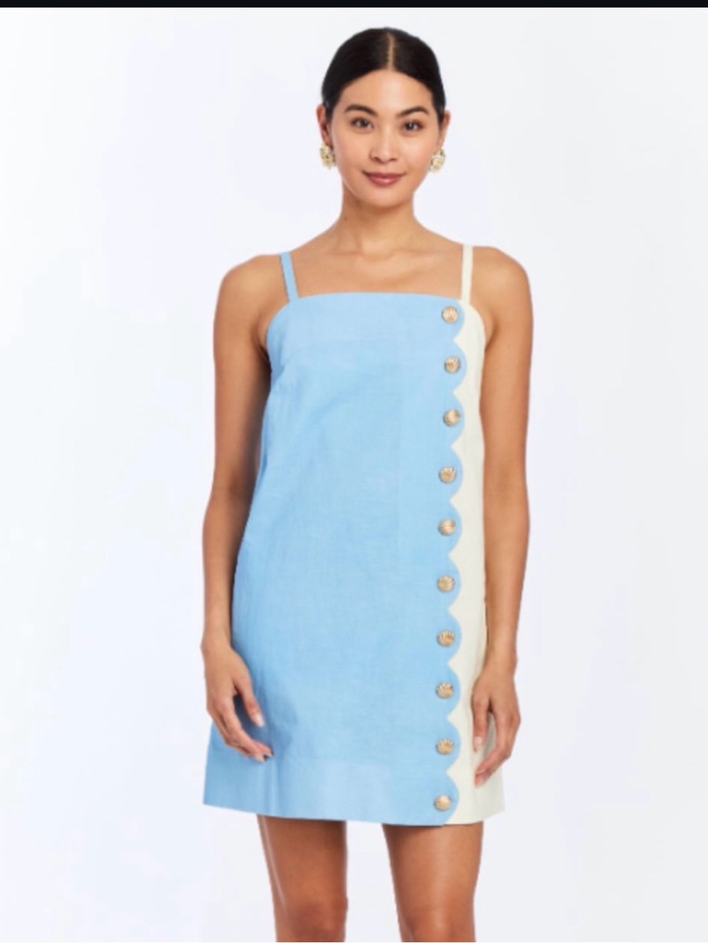 Two-Tone Light Blue & Cream Scallop-Trim Mini Dress